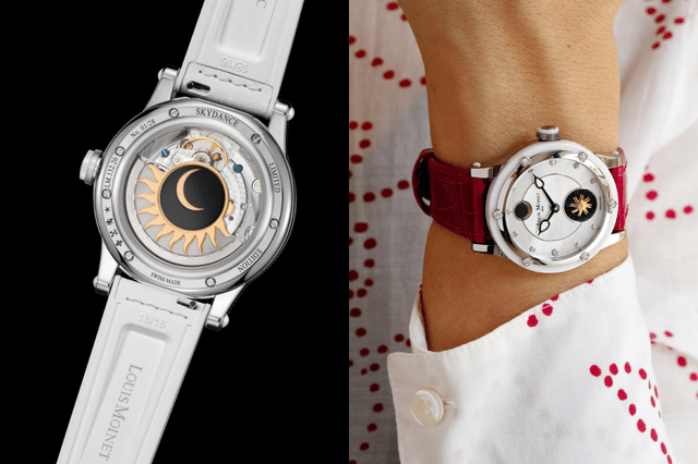 The back side of the Louis Moinet Skydance, arm, wrist view with red band