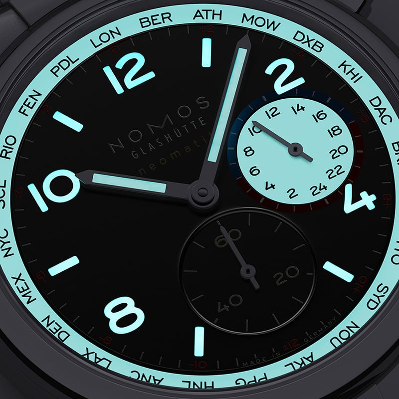 Nomos Glashütte Club Sport neomatik Worldtimer dark: dial, night