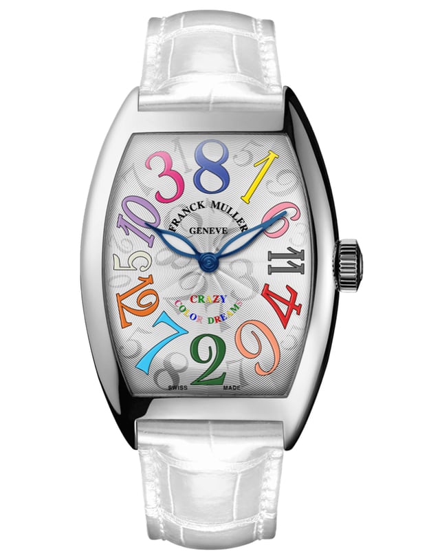 Franck Muller – Crazy Hours, unusual colorful automatic watch with white strap